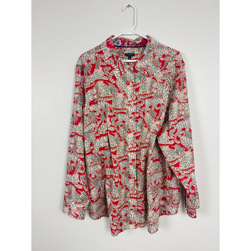Talbots Plus 3X Red Tiger Print Cotton Button Down Shirt Long Sleeve Blouse